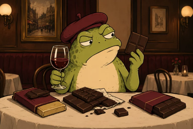 Grenouille attablée goûtant du vin rouge devant plusieurs tablettes de chocolat