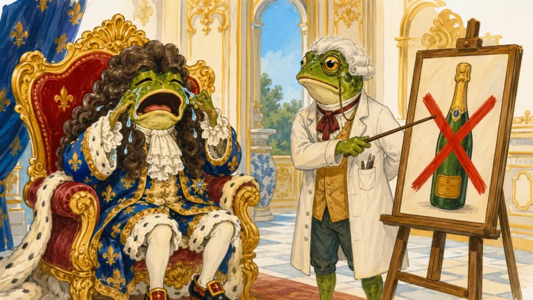 Grenouille en Louis XIV sur son trône pendant que son médecin lui interdit le champagne