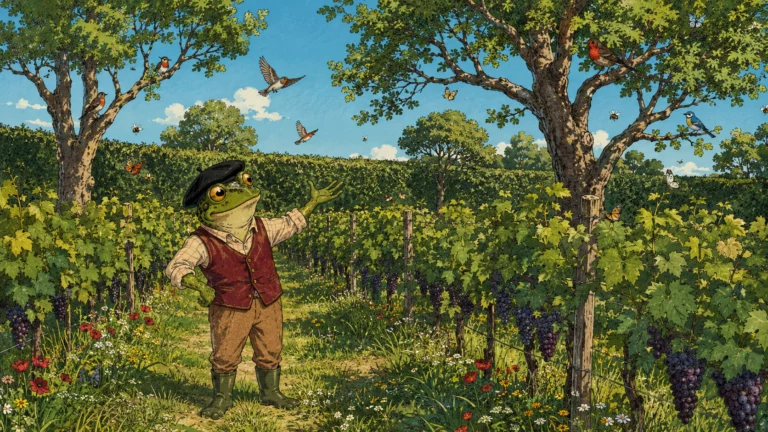 Grenouille vigneronne présentant une parcelle de vigne plantée d'arbres et bordée de haies