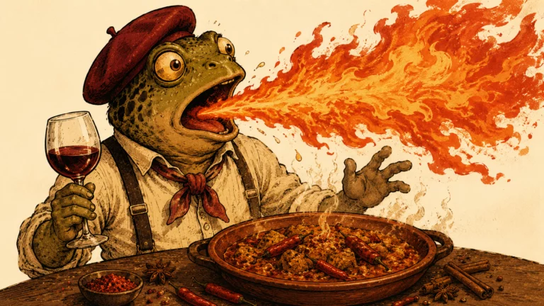 Grenouille recrachant des flammes après une bouchée de plat épicé, un verre de vin rouge à la main