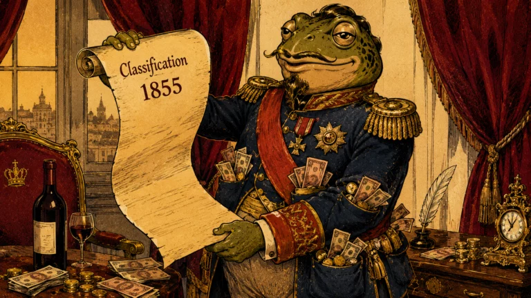 Grenouille en uniforme de Napoléon III déroulant le parchemin de la classification de 1855