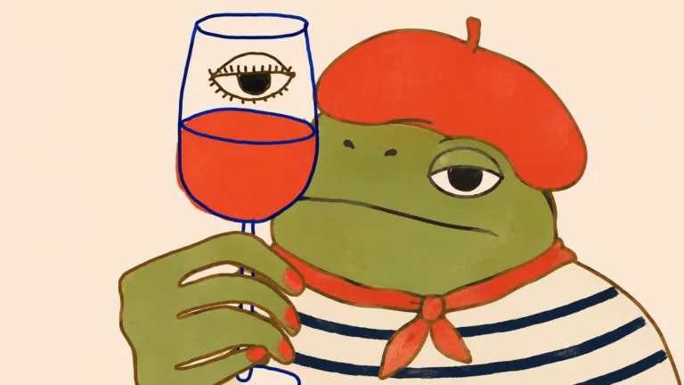 Grenouille au béret rouge et en marinière levant un verre de vin rouge