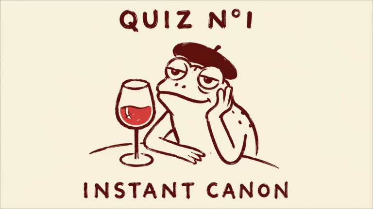 Grenouille au béret rouge songeuse à côté d'un verre de vin rouge, illustration du quiz vin Instant Canon