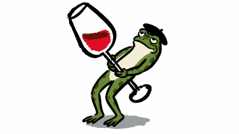Grenouille au béret soulevant à bout de bras un verre à vin démesuré rempli de vin rouge