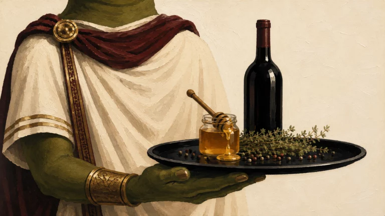 Grenouille en toge romaine portant un plateau avec une coupe de vin miellé et une bouteille