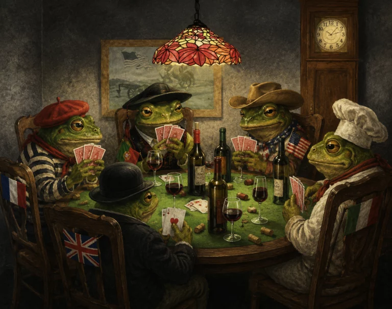 Grenouilles attablées jouant aux cartes autour de bouteilles de vin, pastiche des chiens joueurs de poker