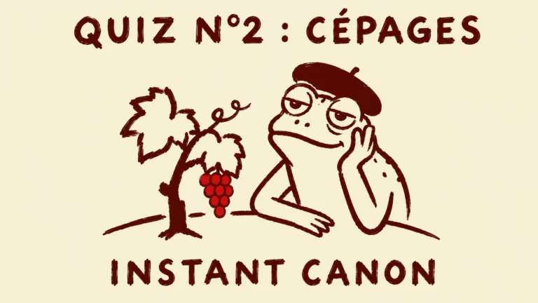 Grenouille au béret rouge songeuse près d'un pied de vigne portant une grappe, illustration du quiz cépages Instant Canon