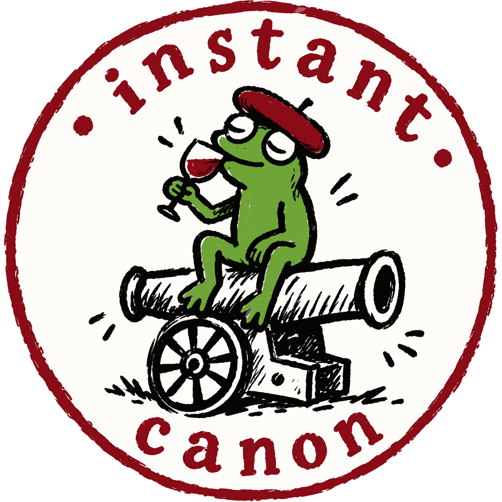 Logo Instant Canon, grenouille au béret rouge assise sur un canon en buvant un verre de vin